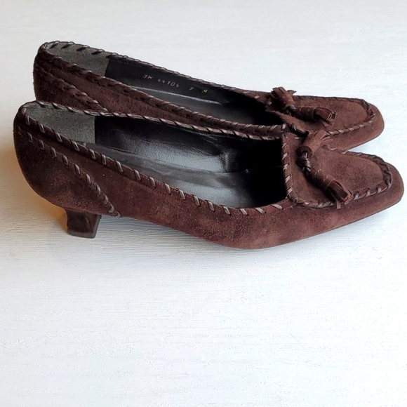 Stuart Weitzman Brown Suede Square Pointed Toe Tassel Kitten Heel Loafers 9 - Picture 3 of 8